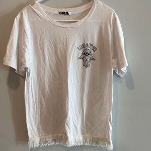 CHRLDR White Short Sleeve Tee with Fringe Hem